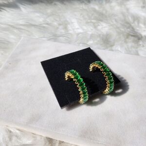 Emerald Gemstone Studded Gold Hoop Earrings
